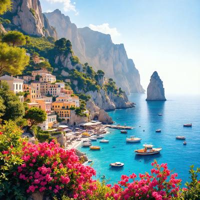 The primary subject of the image is a beautiful coastal scene with a large mountain in the background. The setting is a picturesque bay with a rocky shoreline, and the visual style is a realistic photo. The colors and mood of the image are vibrant and serene, with the pink flowers adding a touch of warmth and life to the scene.